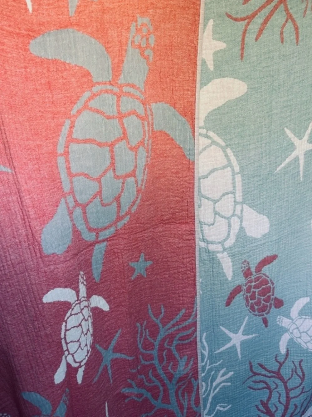 Woven Coastal Turtle 2 Side 100% Cotton Beach Towel Green + Coral NEW